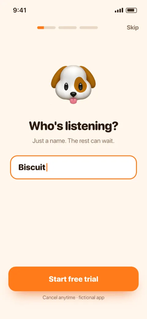 After: three quick steps, a name, vibes and a free trial button.
